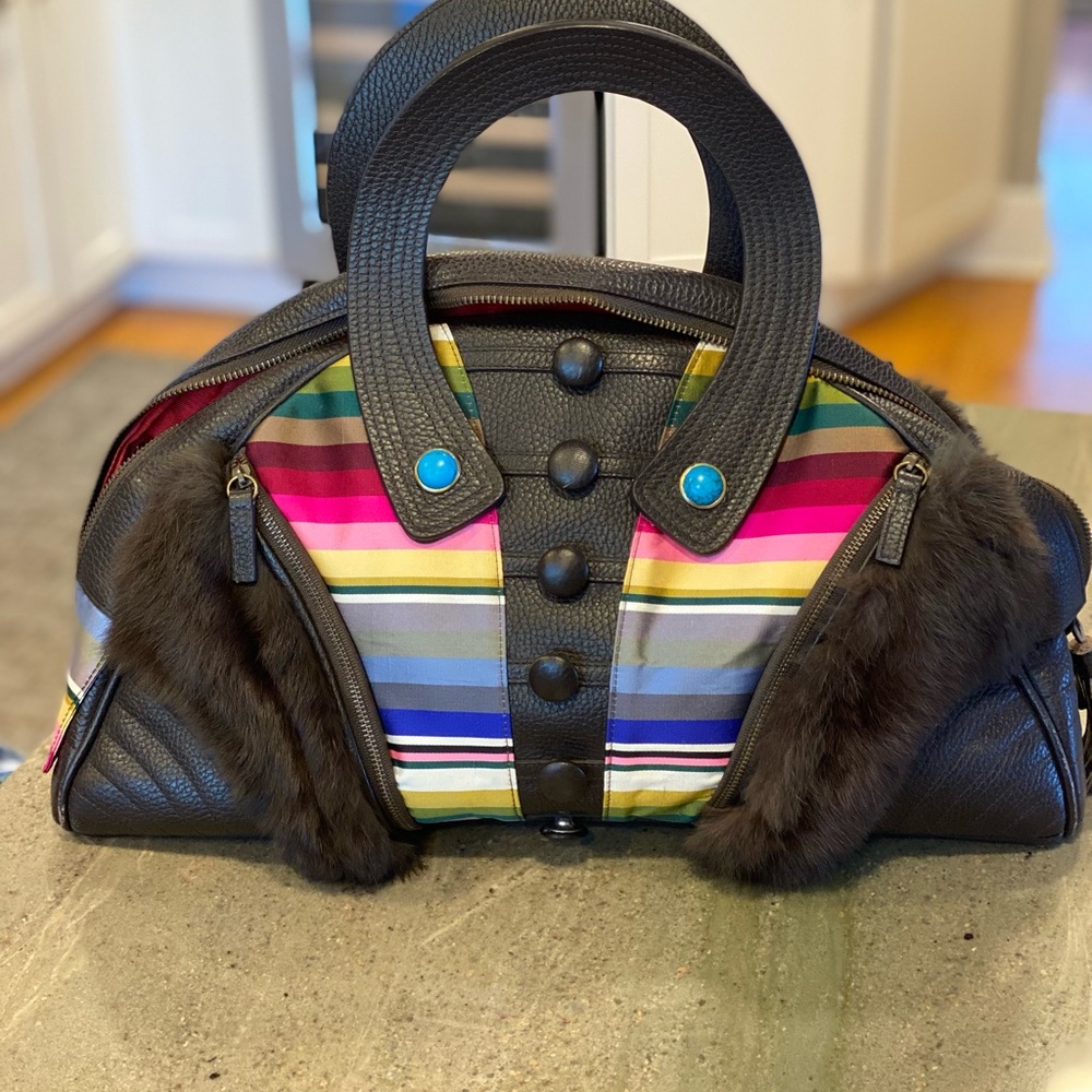 Shanghai Tang Tibetan Stripe Handbag. Leather with fur trim
